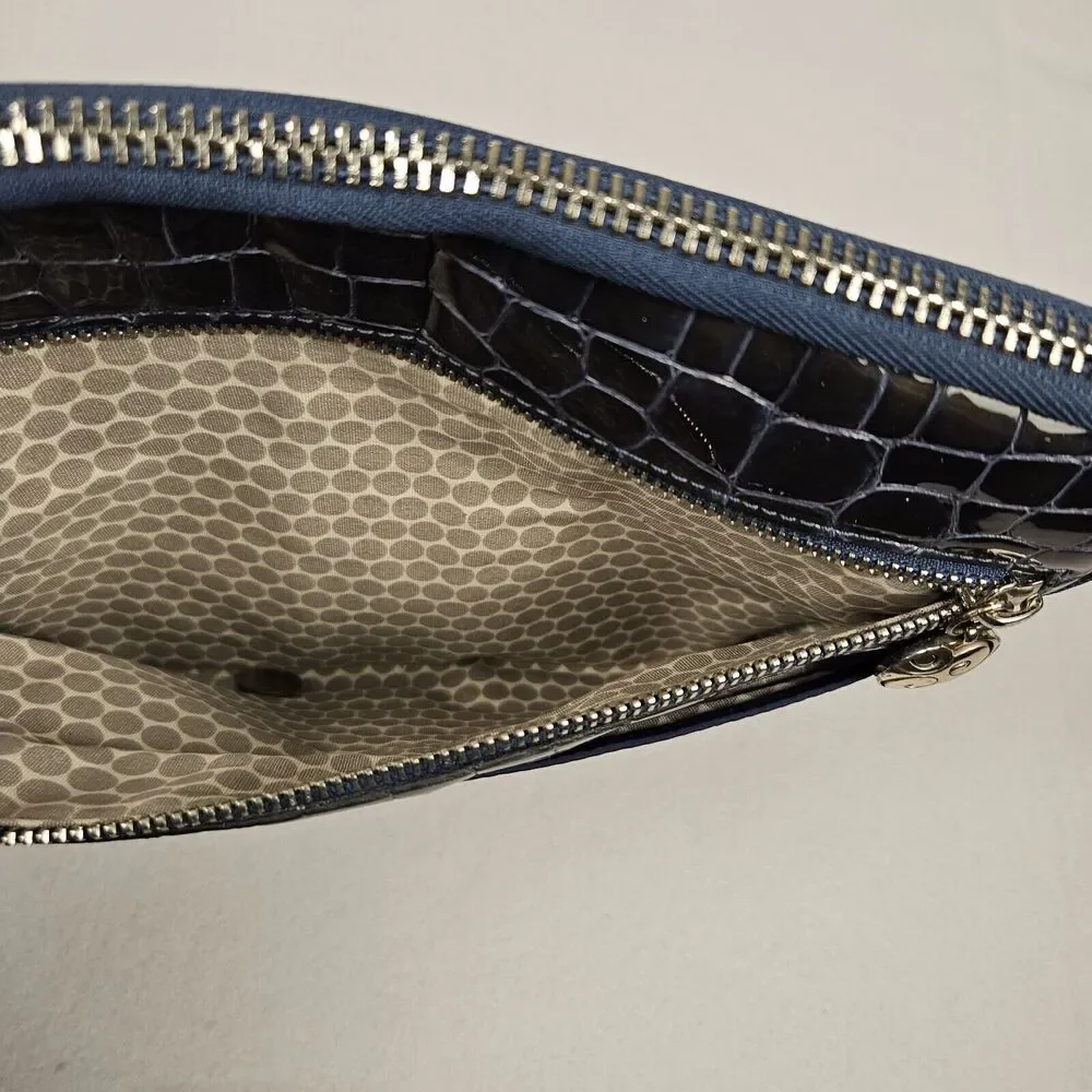 Brighton Nylon Leather Cosmetic Travel Case Clutch Pouch Bag Navy Silver Luxury